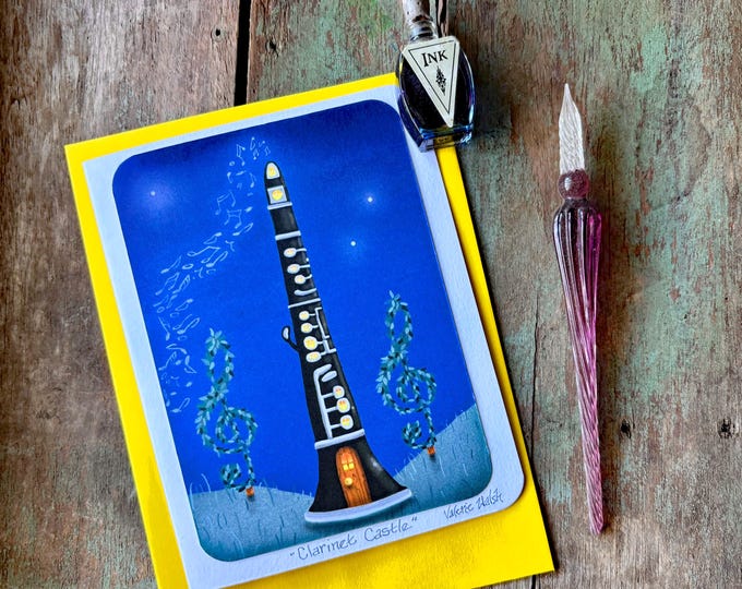 Clarinet Castle Blank Greeting Card | 4" x 6" card | Clarinet-Smokey Notes-Treble Clef Topiaries | Starry Night | Cards by Valerie Walsh