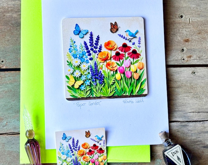 Paper Garden • 5×7 Floral Cut‑Paper Art Card • Matching Envelope + Sticker