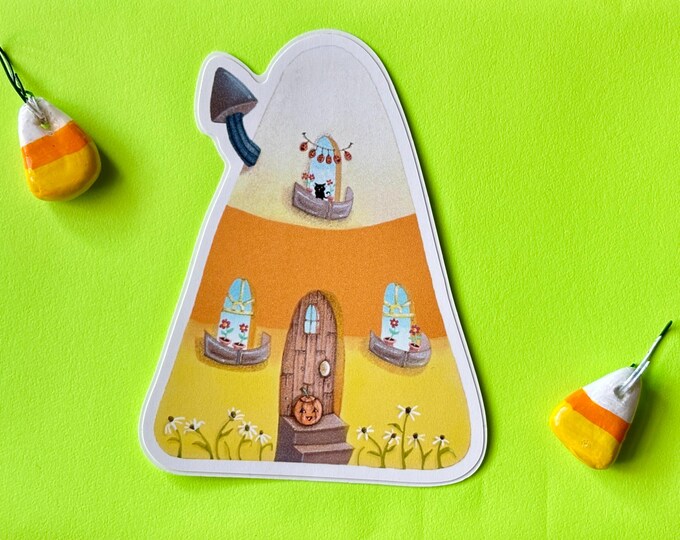 Candy Corn Cottage Sticker | Whimsical Halloween House with black kitty