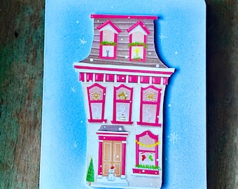 Hand Painted Christmas Townhouse Card with Snowflakes Greeting Card