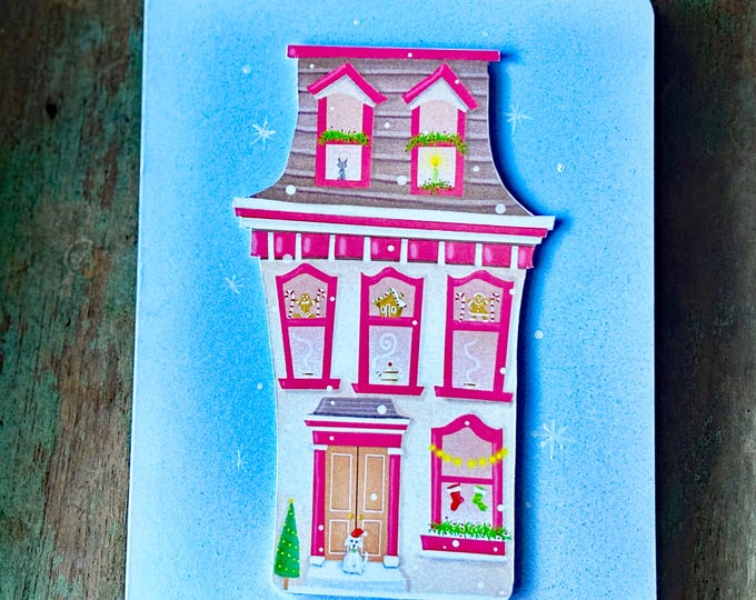 Hand Painted Christmas Townhouse Card with Snowflakes Greeting Card