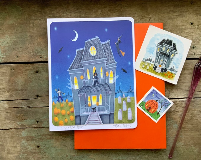 Haunted House Blank Greeting Card | Halloween Art | Haunted House-Ghosts-Witches-Pumpkins-Graveyard Art | Valerie Walsh Greeting Cards