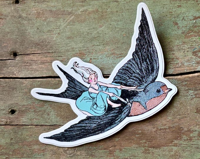 Birdy Girl Vinyl Sticker | Waterproof Colorful Sticker | Girl Flying High on a Bird Diecut Sticker | Valerie Walsh Stickers