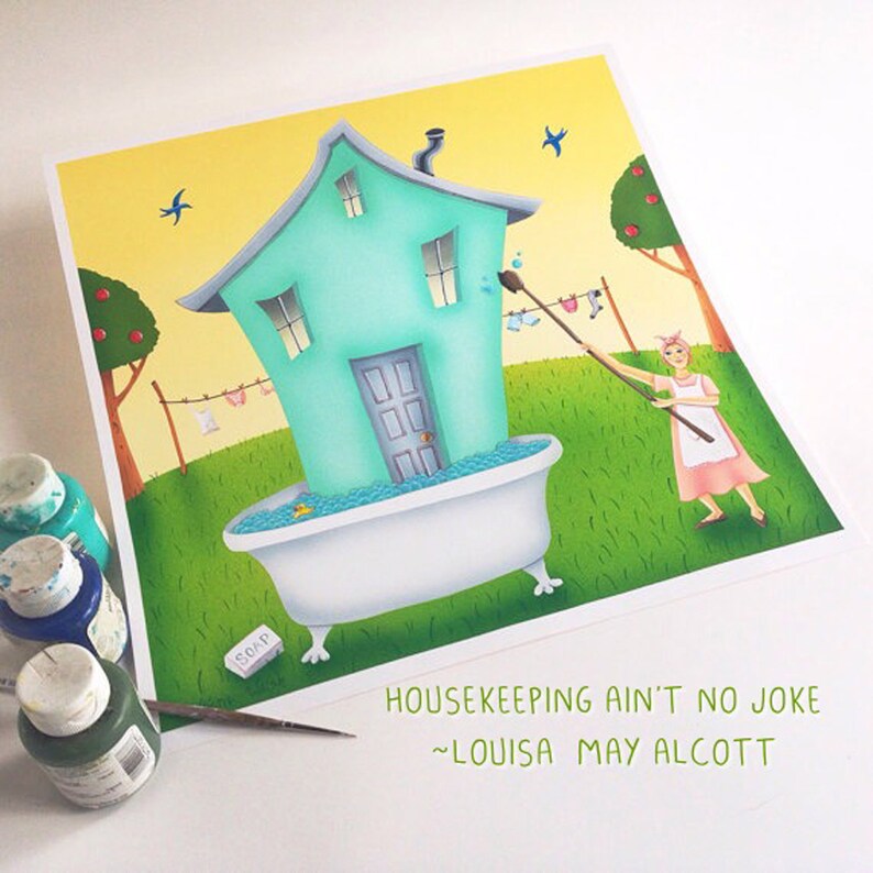 BATH HOUSE Framed Art Print Valerie Walsh Spring Cleaning Art Laundry Wall Art Laundry Room Painting Bath Tub Print 12x12