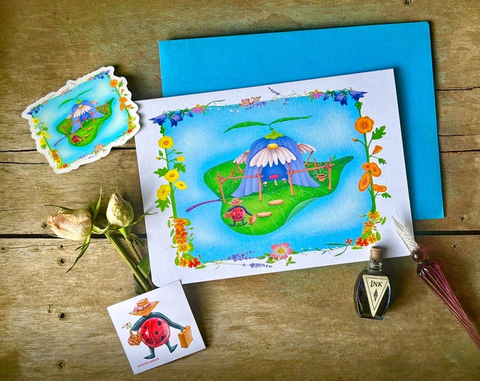 Ladybug Hotel Blank Greeting Card: Floral Air BNB for Insects