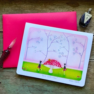 Chambre avec vue Carte de voeux vierge | Oeuvres d'art représentant des champignons, des minous et des oiseaux | Carte d'art lunatique Kitty avec enveloppe assortie | Cartes Valerie Walsh