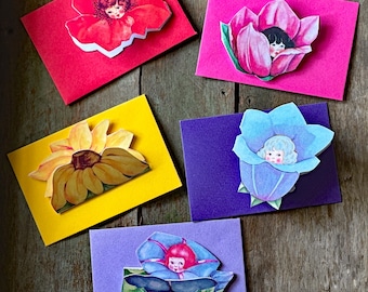 Cinq cartes fleuries |  Cartes de vœux Fleur de lys, coquelicot, tulipe, jacinthe des bois et Susan aux yeux noirs | en forme de fleur |