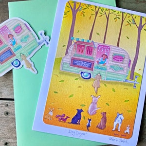 Caminhão de sorvete para cães Cartão de felicitações em branco 5 x7 | Arte Dog Days 2 | | Dogs-Kitty-Ice Cream-Card | Cartões de felicitações Valerie Walsh