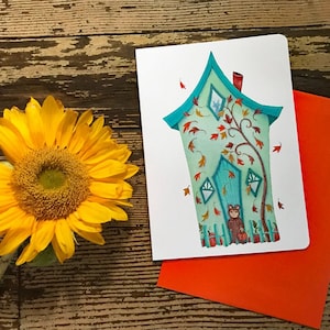 Fallende Blätter Blank Karte | Süßes sonst gibts Saures Grußkarte | Halloween thematische Postkarte | Valerie Walsh Grusskarten