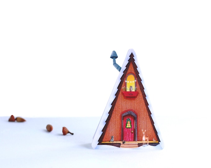 Alpine Haus A Frame Cabin GREETING Card | Little  A Frame Cabin In the Woods  | House Shaped Card | Woodland Animals Card | Valerie Walsh