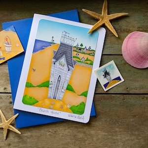 Beach House Blanko Grußkarte | Beach Cottage Grußkarte | Postkarte mit Katzenmotiv Strand-Liebhaber-Karte | Valerie Walsh Karte