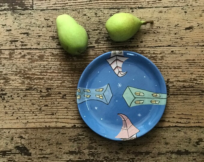 Starmakers Hand made Ceramic Plate | Buildings in the Stars Pottery | Stars and Buildings Clay Plate | Valerie Walsh Ceramics