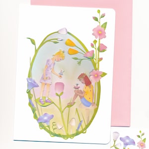 Topanga Fairyland Grußkarte | | Feen-Blumen-Kleine Mädchen-Hocker-Mohnblumen-Lisianthus | Blumenmotiven Grußkarte | Valerie Walsh