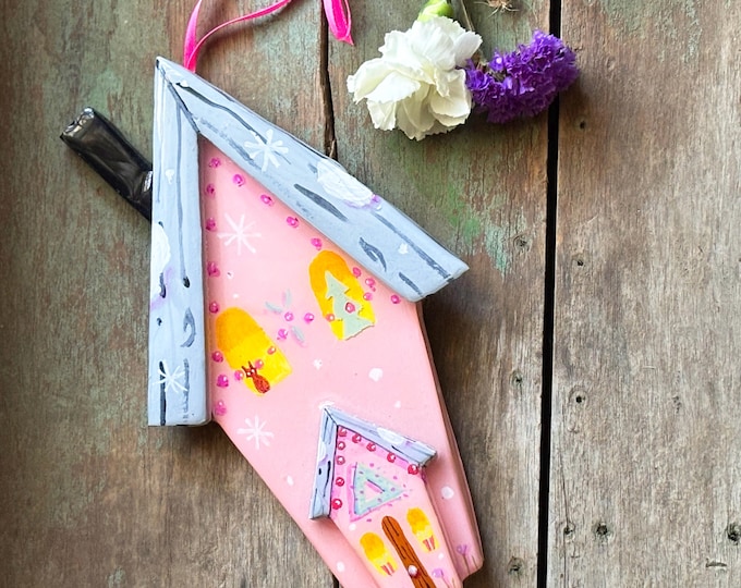 Personalized Christmas House Ornament | Pink Holiday Decor
