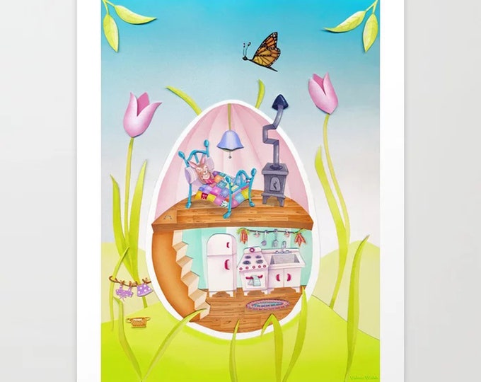 Bunny Bungalow 8"x 10" Print | Cottage Art | Animal Wall Art | Bunny-Egg House-Tulips-Spring Print |  Valerie Walsh Art