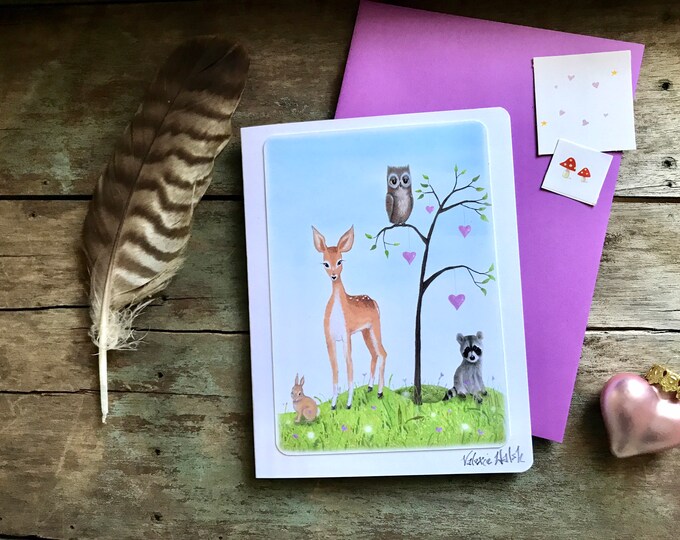 Forest Love Blank Greeting Card | Nature Art | Deer-Raccoon- Owl- Bunny- Hearts- Greeting Card | |  Card| Valerie Walsh Greeting Cards