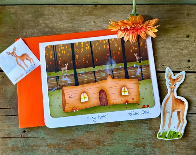 Log Home Greeting Card | Nostalgic Woodland Art, Cozy Cabin Paper Stationary with Stickers