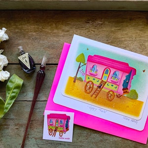 Tarjeta de felicitación en blanco Happy Trails / Arte de viajero en caravana / Tarjeta de felicitación de caravana / Tarjetas de felicitación de Valerie Walsh