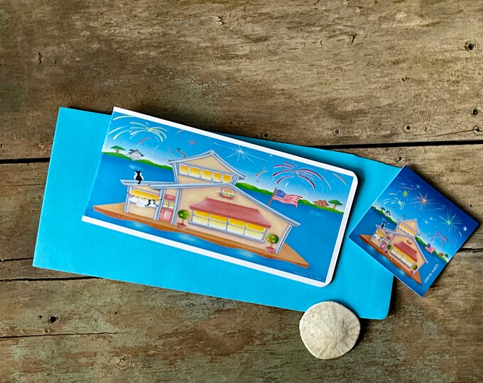 House Boats Blank Slimline Card | House boat-Kitty-Fireworks Art | Whimsical Kitty Art Card with Matching Envelope | Valerie Walsh Card