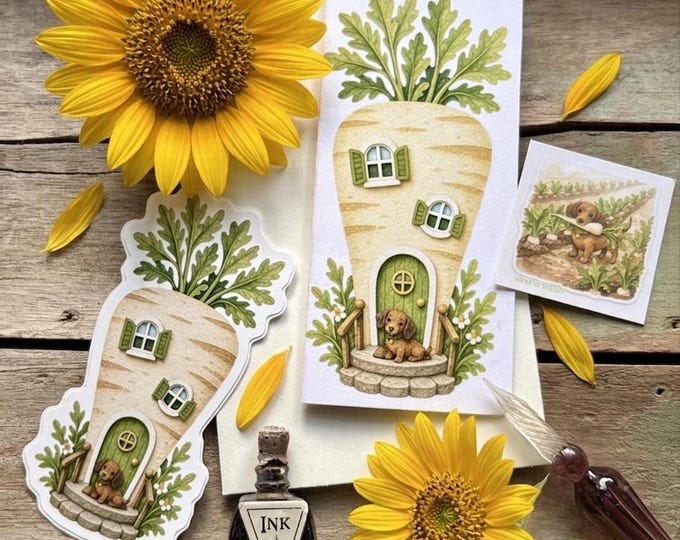 Parsnip Place Mini Card & Puppy Sticker | Whimsical Root House Mini |  Harvest Neighborhood Series