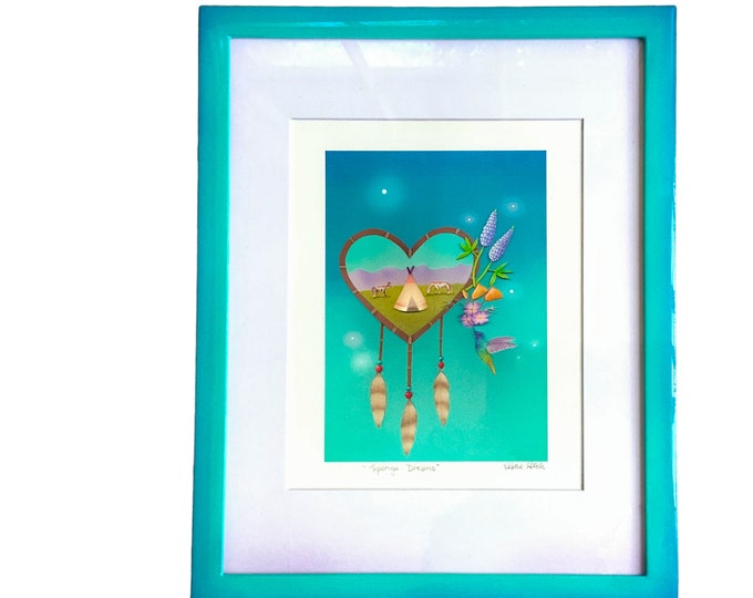 Topanga Dreams Framed Art Print | Dream Catcher Art Print | Tongva Indian-Teepee-Humming Bird | Nature Print | | 11 x14 Frame 8 x 10 Print