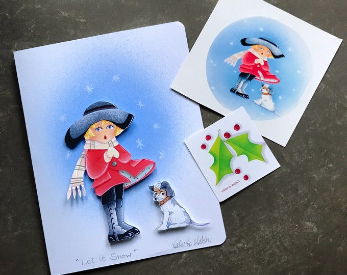 Let It Snow 3-d  Hand Painted Blank CARD | Christmas Card | Holiday Greetings Postal Card | Valerie Walsh Greeting Card