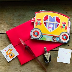 Love Wagon 2 seitige Grußkarte | Kitty und Hund Blanko-Karte | Mobile House Cutout Valentinstag | Valerie Walsh Karten