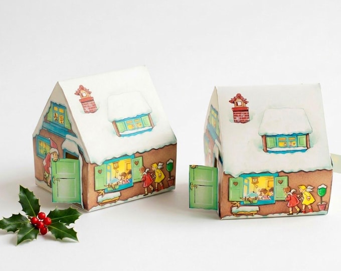 Vintage Christmas Candy Cottage Boxes – Set of 2 | Handmade Mini Holiday Houses | Paper Treat Boxes
