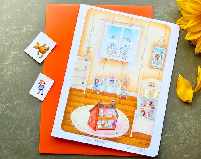 Doll House Blank Greeting Card | Doll House Art | Childhood-Little Girls Bedroom-Toys-Dolls- Postal Card | Valerie Walsh Greeting Cards