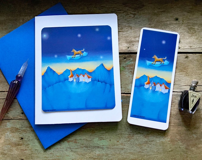 Magic Carpet Ride Blank Greeting Card | Flying Horse Art | Blue on Blue-Horse on Magic Carpet-Little Town Postal Card | Valerie Walsh Card