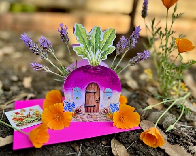 Turnip Townhouse | Diecut Turnip Cottage Card | Fuchsia Envelope | Sticker Add‑On Option