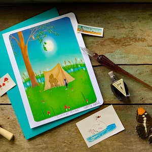 Cartão de felicitações Summer House e envelope correspondente-FireFlies-Tenda Camping-Pesca-Glamping Card-Valerie Walsh Cards