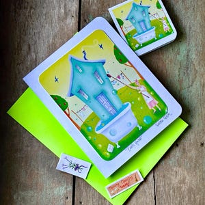Cartão de felicitações em branco para casa de banho | Sabão e bolhas | Cartão de felicitações para limpeza | Dia da lavanderia | Valerie Walsh Art