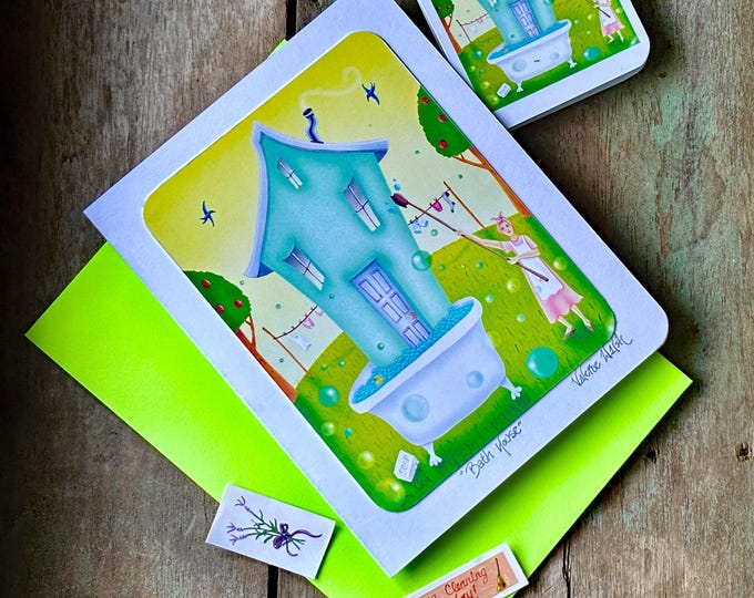 Bath House Blank Greeting Card | Soap and Bubbles | Housekeeping Greeting Card | Laundry day | Valerie Walsh Art