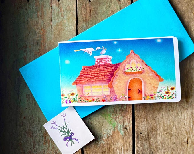 Home Delivery Slimline Card and Matching Envelope-Wind Mill-Tulip Flowers-Bird-Valerie Walsh Greeting Cards