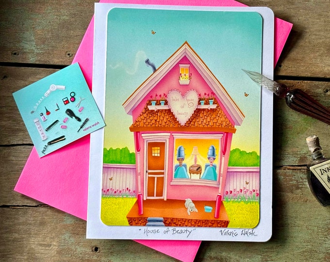 HOUSE of Beauty Blank Greeting CARD | Hairdresser Card | Beauty Parlor Notecard | Hair Stylist-Blow dry Bar-Greeting Card | Val Walsh Cards