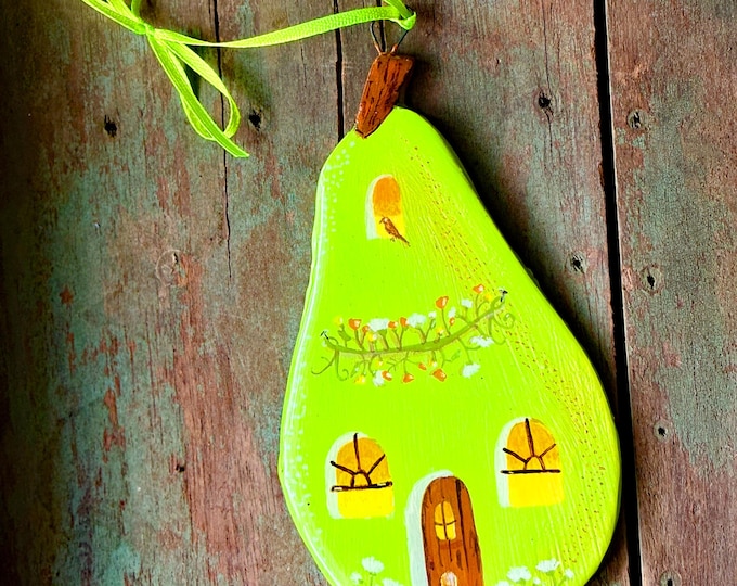 Handmade Pear Ornament: Fruit Lover's Decor, Kitty in Window, Pear Pad
