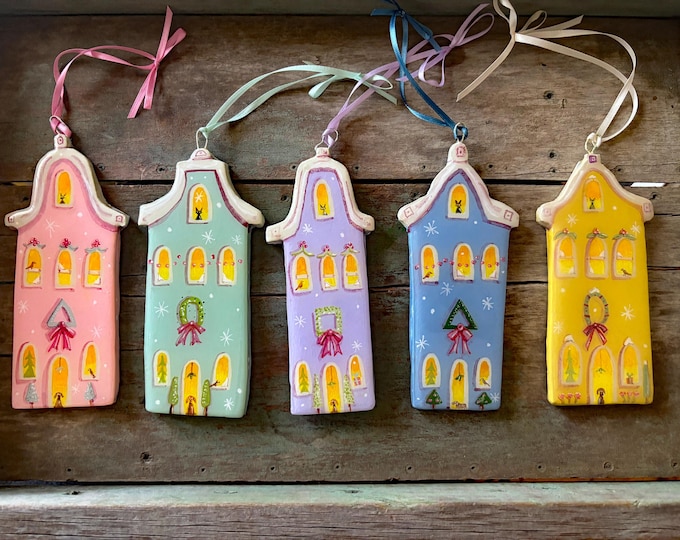 Flemish HOUSE Ornaments  |  Personalized Town House Ornament | Christmas Decoration | House-Kitty-Dog-Flowers Ornaments by Valgal