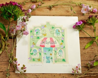 WILDFLOWER Framed Print | Flower shop painting | Floral Wall Art | Kitty Print | Butterflies and Flowers Print | Valerie Walsh Art |  8 x 8