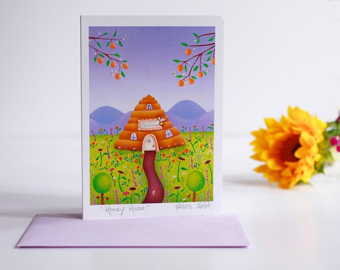 Honey House Blank Greeting Card with Envelope| Flowers and Bees Card | Gardeners Greetings | Floral themed Postal Card | Valerie Walsh