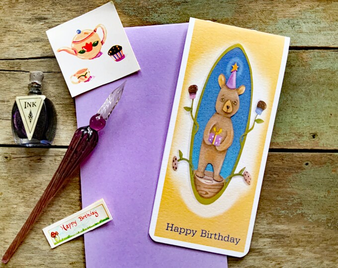 Birthday Bear Blank Slimline GREETING CARD |Bear-Cupcakes-Cookies-Gift-Birthday Card | Valerie Walsh Cards