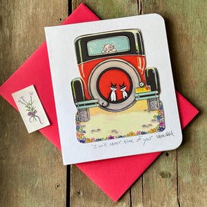 Ik zal je nooit vervelen kaart | Unieke handgemaakte Valentijn | Vintage auto met poesjes en hond | Voor kleine en grote kinderen van Val