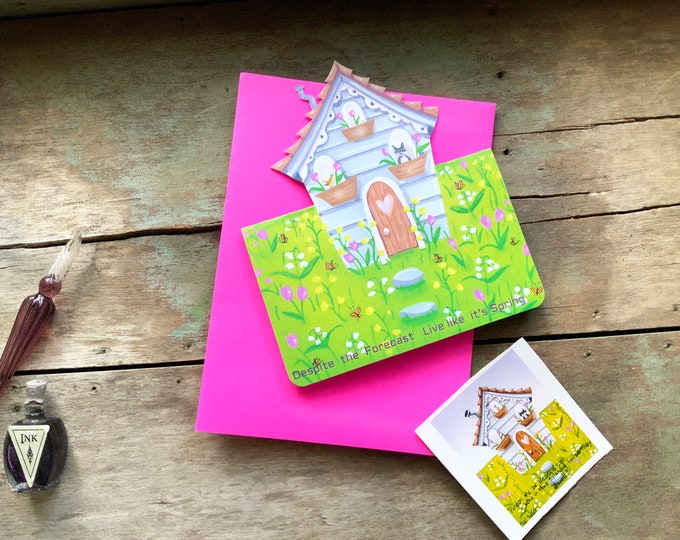 Spring Cottage Easel Back Greeting Card | Stand Alone Blank Card with Butterflies-Tulips-Cottage-Kitty | Flower Meadow Card | Valerie Walsh