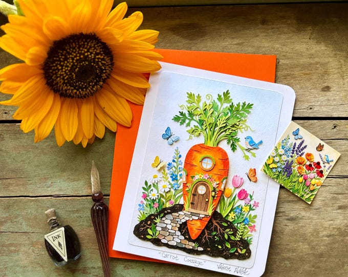 Carrot Cottage Papercut Card-Painted Paper Art-5x7 + Matching Envelope + Sticker