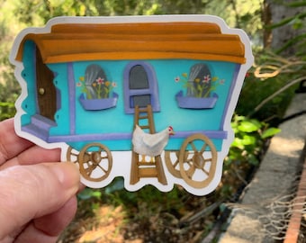 Vardo Wagon Chicken Coop Clear Vinyl Sticker | Waterproof Colorful Sticker | Caravan Chicken Coop Diecut Sticker | Valerie Walsh Stickers