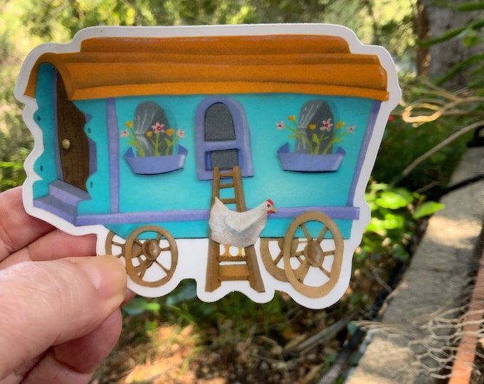 Vardo Wagon Chicken Coop Clear Vinyl Sticker | Waterproof Colorful Sticker | Caravan Chicken Coop Diecut Sticker | Valerie Walsh Stickers