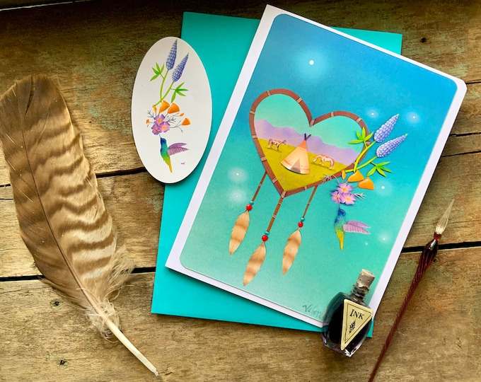 Topanga Love Blank Greeting Card | Dream Catcher Card | Teepee-Horse-Lupine-Poppy-Hummingbird Card | Valerie Walsh Greeting Cards