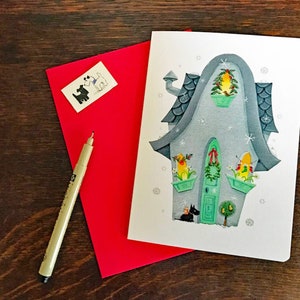 Fallende Schneeflocken Blanko Weihnachtskarte mit Scottie| Weihnachtskarte | Weihnachtsgrüße Postkarte | Hund-Schnee-Weihnachtskarte- Val-Walsh