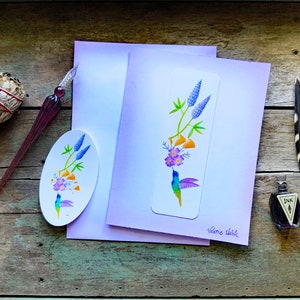 carte de voeux vierge de fleurs indigènes de la Californie | Papier cartonné peint lupin-coquelicots-colibri et enveloppe | Valerie Walsh Cartes de vœux