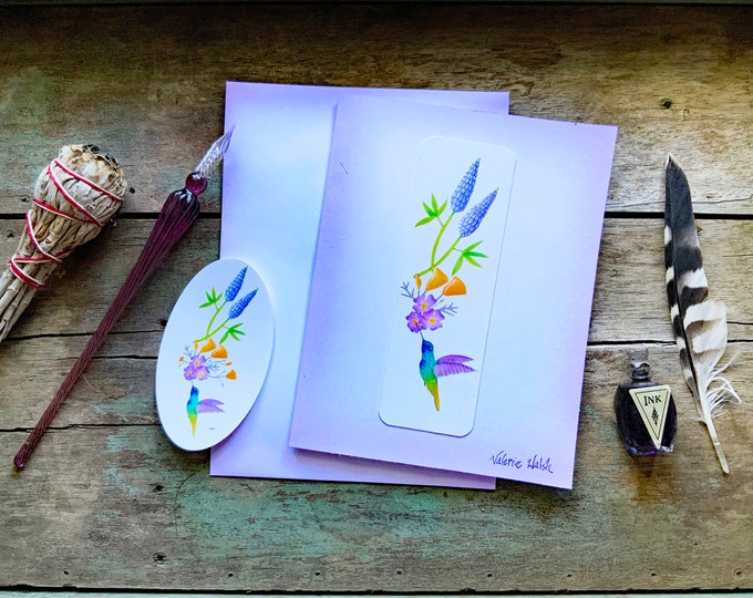 California Native Flowers Blank Greeting Card | Lupine-Poppies-Hummingbird-Painted Card Stock and Envelope | Valerie Walsh Greeting Cards